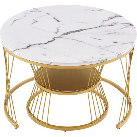 WF319028AAA) Table basse gigogne moderne, lot de tables basses brillantes, tables d'appoint rondes pour canapé avec placage effet marbre, lot de 2, structure couleur dorée (1/5)