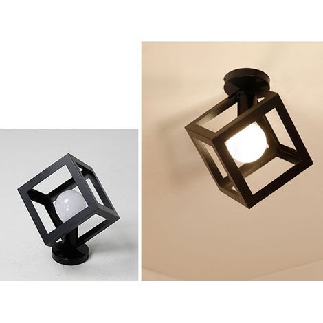 2x Plafonnier Industrielle Cage Cube Carré en Métal Fer Rétro lustre Suspension Luminaire E27 Noir (1/4)