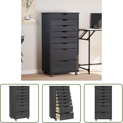 The Living Store Armoire roulante avec tiroirs MOSS gris bois de pin solide - Meuble Roulant - Armoire Mobile - Commode Tiroir - Classement Document - Rangement Maison (1/5)