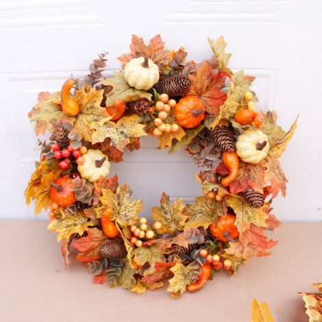 Couronne Artificielle - Feuilles D'érable Et Citrouille - Décoration Automne Fête Des Récoltes Halloween Thanksgiving - 50 cm - 1 Pièce (1/5)