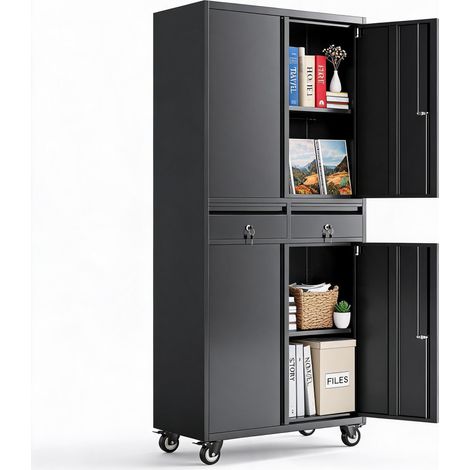 Armoire de rangement métallique à roulettes 73'' – 4 portes verrouillables, 2 tiroirs, étagères réglables – Grand capacité pour documents et outils – Mobilier bureau/atelier – Couleur noire (1/5)