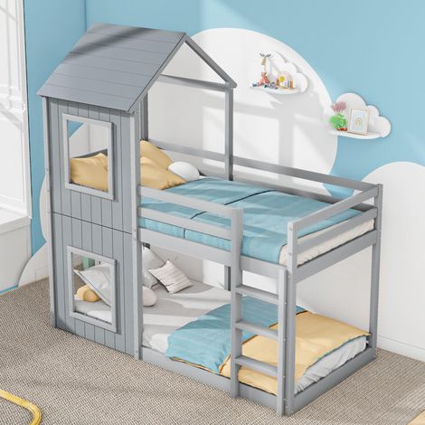 Lit superposé 90200cm, lit enfant, lit cabane pour filles et garçons, avec échelle et baldaquin, du sol au plafond, bois massif, gris, garantie 2 ans