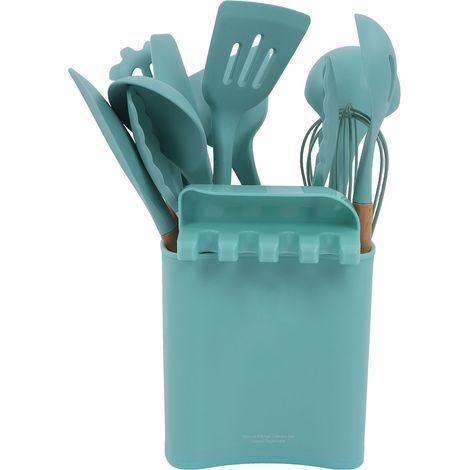 13 pièces ustensiles de cuisine en silicone manche bois, spatule cuillère lot avec support, vert foncé (1/5)