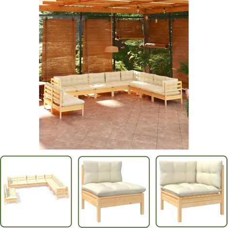 The Living Store 10-tlg. Garten-Lounge-Set mit Creme Kissen Massivholz Kiefer - Gartenzubehör - Gartenmöbel - Lounge Set - Kiefernholz Möbel - Outdoor Furniture (1/5)