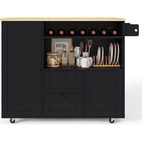 Îlot de cuisine mobile avec plateau rabattable, 2 tiroirs, range-bouteilles, porte-serviettes et roulettes verrouillables, MDF noir et bois clair - CHICFURN (1/5)
