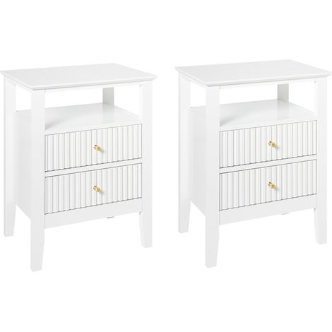 Conjunto de 2 mesitas de noche elegantes con 2 cajones y 1 estante de MDF con asas doradas dormitorio blanco Assisi (1/5)