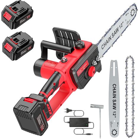 Brushless Mini Tronconneuse a Batterie 12 Pouces, 6000mAh Tronçonneuse Électrique Sans Fil Portable et 2 3000mAh Batteries,Lubrification Automatique pour la Coupe Du Bois, Les Branches D'arbres. (L) (1/5)