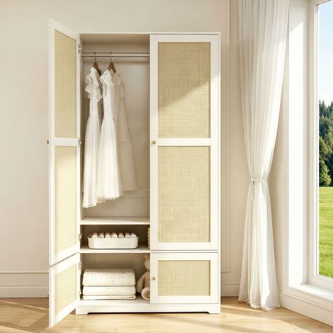 Armadio guardaroba in MDF bianco con ante in rattan, 2 ante, con asta appendiabiti e ripiano fisso, 90 x 48 x 180 cm