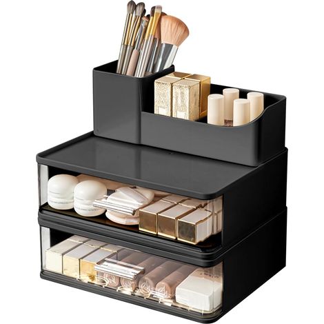 Organiseur maquillage 2 tiroirs empilable noir ABS 22.5x18x22cm bijoux bureau qualité pro usage quotidien (1/5)