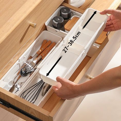 Boîte Organisatrice Rétractable Pour Tiroir - Séparateur De Couverts - Plastique HIPS - Blanc - 27 À 38,5 cm - 1 Pièce (1/5)