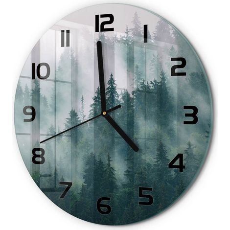 Horloge Murale Ronde Déco Salon Verre Trempé Silencieuse Design Contemporain Brouillard au-dessus de la forêt fi 30 cm (1/5)