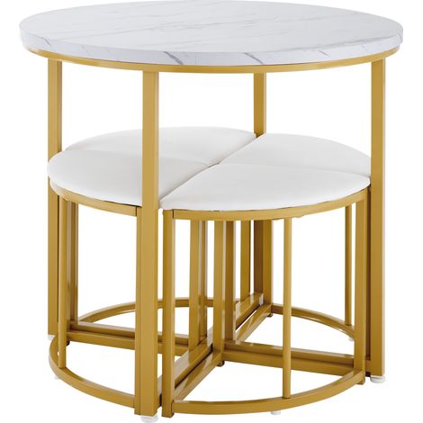 Set da pranzo rotondo con 4 sedie in velluto MDF e metallo dorato bianco HOMVRA (1/5)