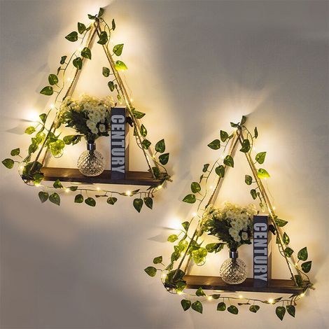 Lot de 2 étagères Suspendues en Macramé Lierre Artificiel Bande LED étagère Flottante Bois Murale Deco Macrame Mural Etagere Murale Enfant Etagere pour Chambre à Coucher Salon