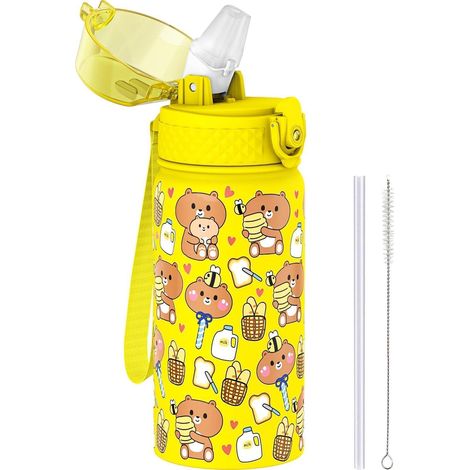 Kinder Trinkflasche 420ml Edelstahl mit Strohhalm, doppelwandig, BPA-frei, Gelb (1/5)