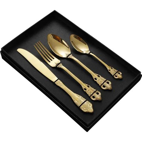 (Or, 4 pièces) Ensemble de couverts en acier inoxydable, style européen haut de gamme, ustensiles de cuisine (1/4)