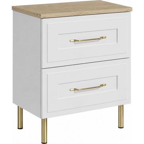 Mobile Bagno a Terra sotto Lavabo con Piano, 2 Cassetti con Chiusura Ammortizzata, Frontale Rigato MDF 19 mm, Bianco + Piano Rovere chiaro, Maniglie Oro, Piedini Oro, 60 x 46 x 73,6 cm (1/5)