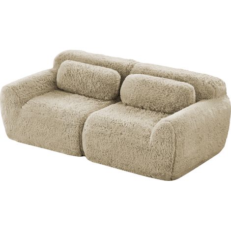 Canapé 2 places en tissu peluche, design modulaire sans cadre, combinable librement, avec coussins, doux, mousse à haute élasticité, base antidérapante, pour salon et chambre, kaki clair (1/5)