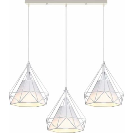 3 Lumières Lustre Suspension Vintage Plafonnier Cage en Métal Rétro E27 Lampe Suspension Forme Diamant avec Abat-jour en Tissu,Support Barre, Blanc - Blanc BLOW (1/5)