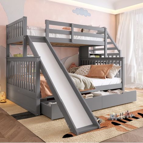 Letto a castello per bambini 90x200 e 140x200 cm grigio con scivolo e contenitori - CHICFURN (1/5)