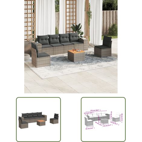 The Living Store Salon de jardin avec coussins 7 pcs gris résine tressée - Ensemble Salon De Jardin - Meuble Extérieur - Résine Tressée - Rotin Synthétique - Fauteuil Jardin