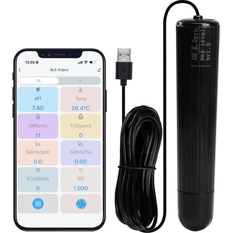 Testeur de qualité de l'eau 7 en 1 Sonde d'aquarium Moniteur d'eau pour pH, Temp, TDS, Salinité, EC, ORP, S.G avec alertes en temps réel via application pour aquariums, hydroponie, piscines (1/5)