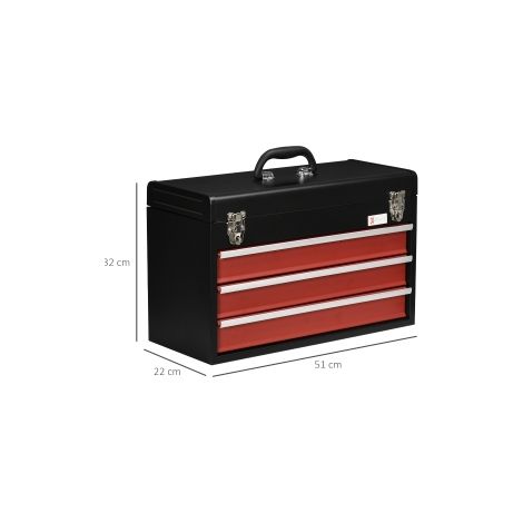 Mallette à outils noire et rouge en acier avec 3 tiroirs, poignée et serrure pour atelier, garage et bricolage (1/5)