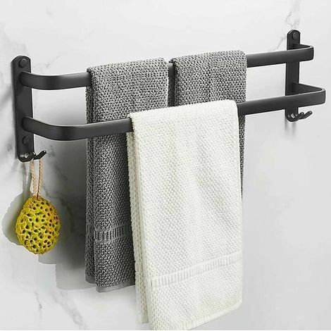 royaluxe- Porte-Serviettes Mural pour Salle de Bain, Porte-Serviettes Adhésif Noir Mat, Non Oxydation, Porte-Serviettes en Alliage d'Aluminium Non Perforé (Double Bars) (1/4)