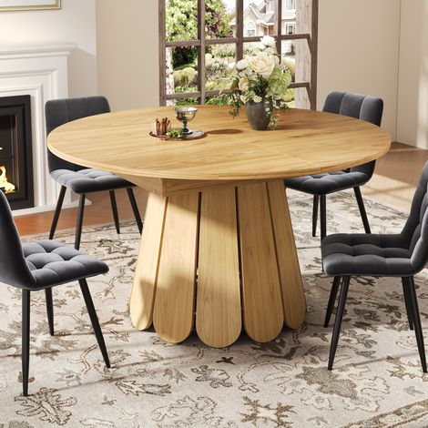 Tavolo da pranzo allungabile 118(158)x118x76.8 cm legno naturale in MDF effetto venature, rotondo con prolunga integrata (1/5)