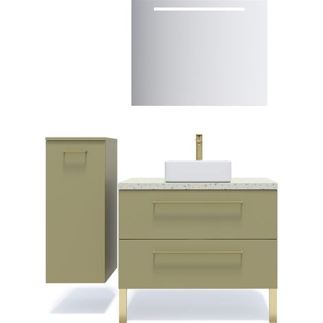 Meuble de salle de bain suspendu vasque à poser 90cm 2 tiroirs Vert olive + miroir + colonne ouverture gauche - Glasgow (1/5)