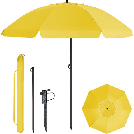 HOMEDEMO Parasol Plage Inclinable avec Revêtement Argenté, Protection Solaire UV50+, avec Pied de parasol à piquer & Housse de Protection, pour Terrasse, Piscine, Marché, 200cm, Jaune vif
