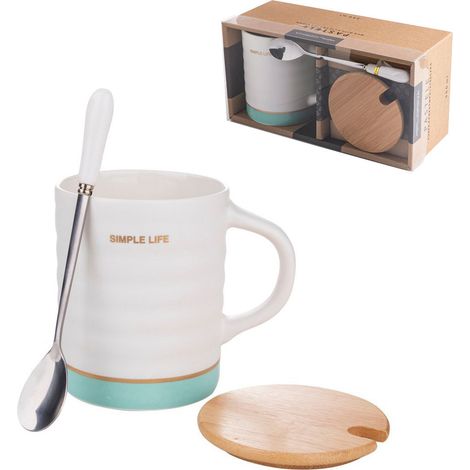 Florina Pastele Keramikbecher mit Deckel und Löffel, 350 ml