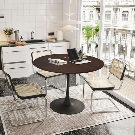 47,24" moderner runder Esstisch, vier Patchwork-Tischplatten mit eichenfarbener Massivholz-Tischplatte, Esstisch mit Metallbasis, Beistelltisch, Freizeit-Couchtisch