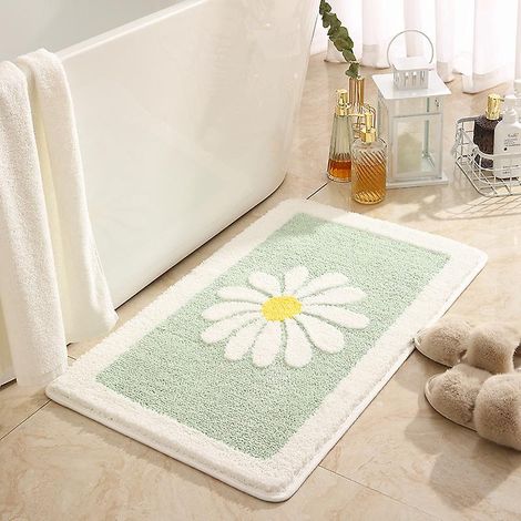un Tapis De Bain Vert Menthe, Beau Tapis De Bain Marguerite 40x60cm, Tapis De Bain Lavable Antidrapant, Tapis De Bain Absorbant Fleurs Blanches Et (1/5)