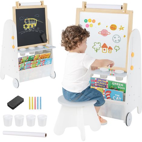 Table d'activités enfant grise 4-en-1 avec tableau magnétique, ardoise et hauteur réglable et rangement mobile pour chambre et école (1/5)