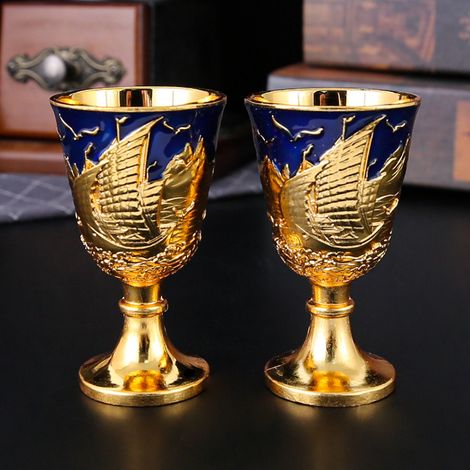 (Or et bleu/2 pièces) Coupe à pied pour offrande d'eau, coupe à eau bénite, petit verre à boire