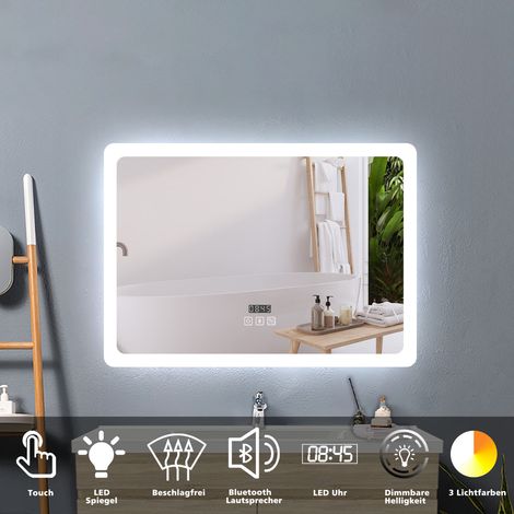 Badspiegel mit Beleuchtung Badezimmerspiegel Wandspiegel Lichtspiegel, Beschlagfrei+Bluetooth+Uhr+3 Lichtfarben Dimmbar+LED Memory Funktion 70 x 50 cm (1/5)