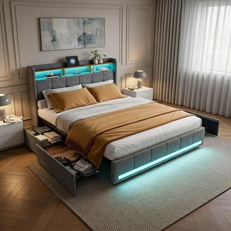 Lit 160x200 avec tiroirs,lit double capitonné,avec sommier à lattes,LED réglable,USB+tpcy,4 tiroirs,tissu en lin,Gris (1/5)