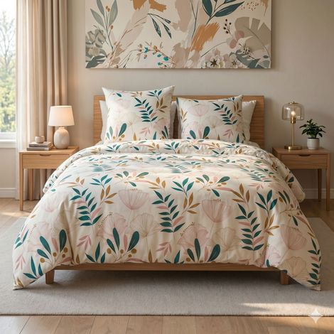 Parure housse de couette 260x240cm + 2 taies écru motif botanique 100% microfibre - LICELIA (1/4)