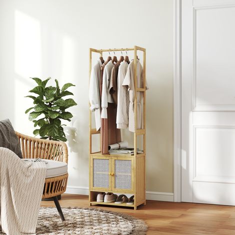 Porte-manteaux en bambou 53x31x168 cm Naturel avec armoire à chaussures Barre-pendante, étagère réglable pour entrée de couloir