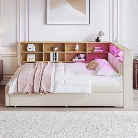 Canapé-lit 140200, lit escamotable 90190 avec éclairage LED, prises de courant et multiples compartiments de rangement, flanelle, beige. (1/5)