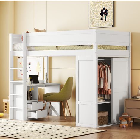 Bett Hochbett mit Stauraum 90x200 Kiefer Weiß OKMYHOME (1/5)