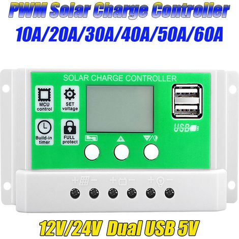 Contrôleur de chargeur solaire 40A 12V/24V, contrôleurs PWM automatiques, affichage LCD, double sortie USB 5V (1/5)