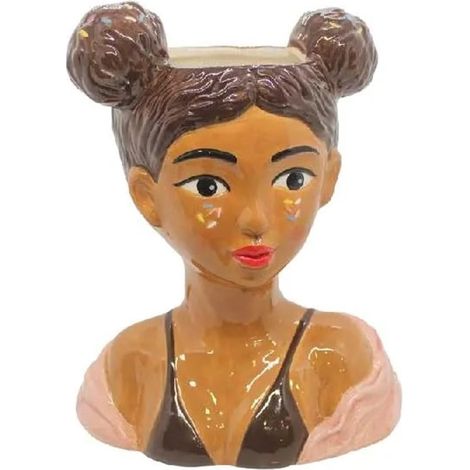 TRADE SHOP - Vaso Portapianta Statua Donna Con 2 Chignon In Ceramica Colorata 23x14x28hcm 9013694 - (1/2)
