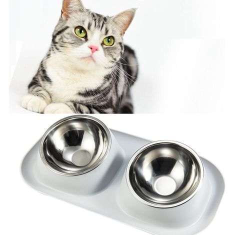 Pet Double Bol Acier Inoxydable Anti-Retournement Cou Garde Chat Bol Anti-Fuite (Gris) (1/5)