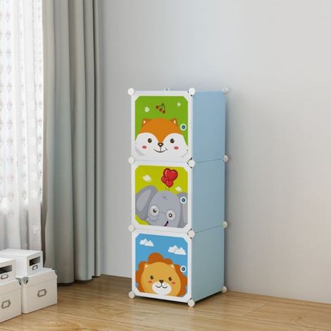 TRADE SHOP - Armadio Guardaroba Modulare Per Bambini A 3 Scomparti A Cubo Mobile Con Ante Decorate - Azzurro (1/2)