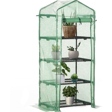 Serra da giardino in PE con 4 ripiani, serra da balcone, copertura rinforzata 140 g/m², telaio in acciaio, porta avvolgibile con cerniera, per ortaggi e piante, uso interno/esterno, 70x50x160 cm, verd