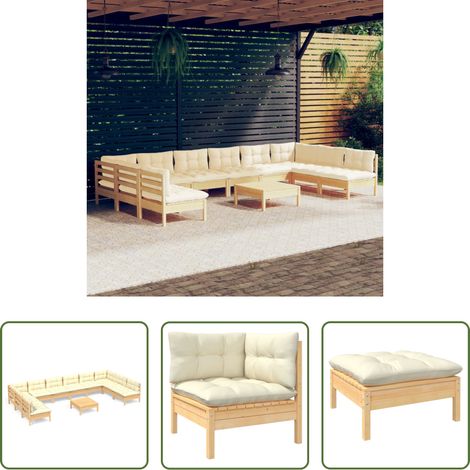 Terrassensofa - 11-tlg. Garten-Lounge-Set mit Creme Kissen Massivholz Kiefer (1/5)