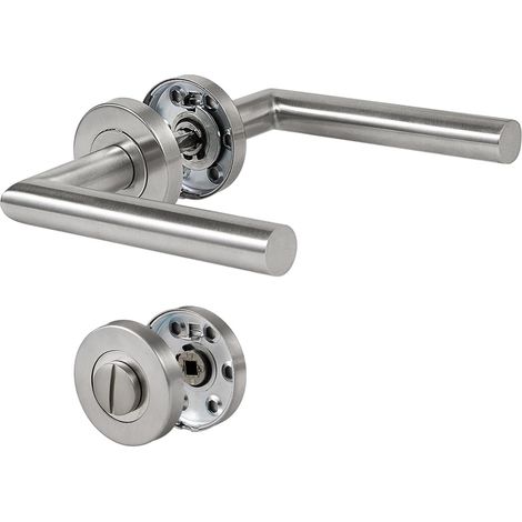 Poignée de porte WC - 1 unité - Acier inoxydable brossé argent - Design L ergonomique et silencieux - Pour intérieur et extérieur - Couleur Argent (1/5)