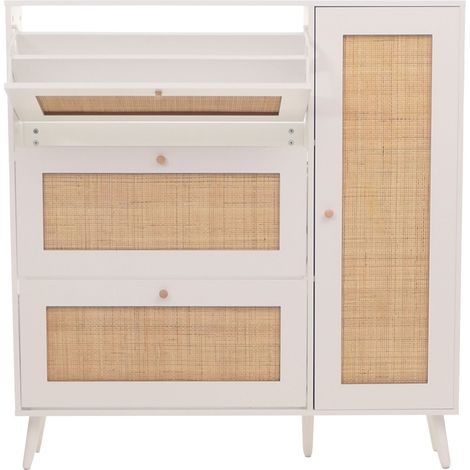 [JAMAIS UTILISÉ] Meuble à chaussures en rotin HHG-214, étagère à chaussures, 3 compartiments basculants 2 étagères 127x120x24cm bois mélamine, blanc