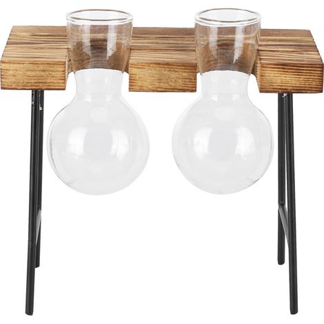 Support pour plantes en verre - Pot à bulbe hydroponique sur pied en bois pour bureau et jardin - 2 bouteilles (1/5)